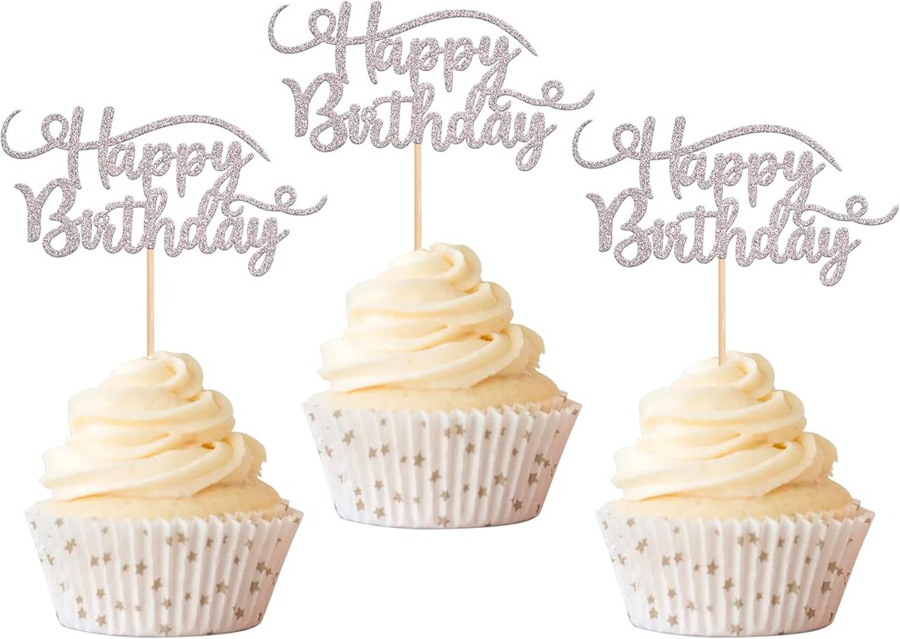 24-Pack Silver Glitter “Happy Birthday” Cupcake Toppers – Decorative Food Picks for Birthday Party Cupcakes and Cake Decorations